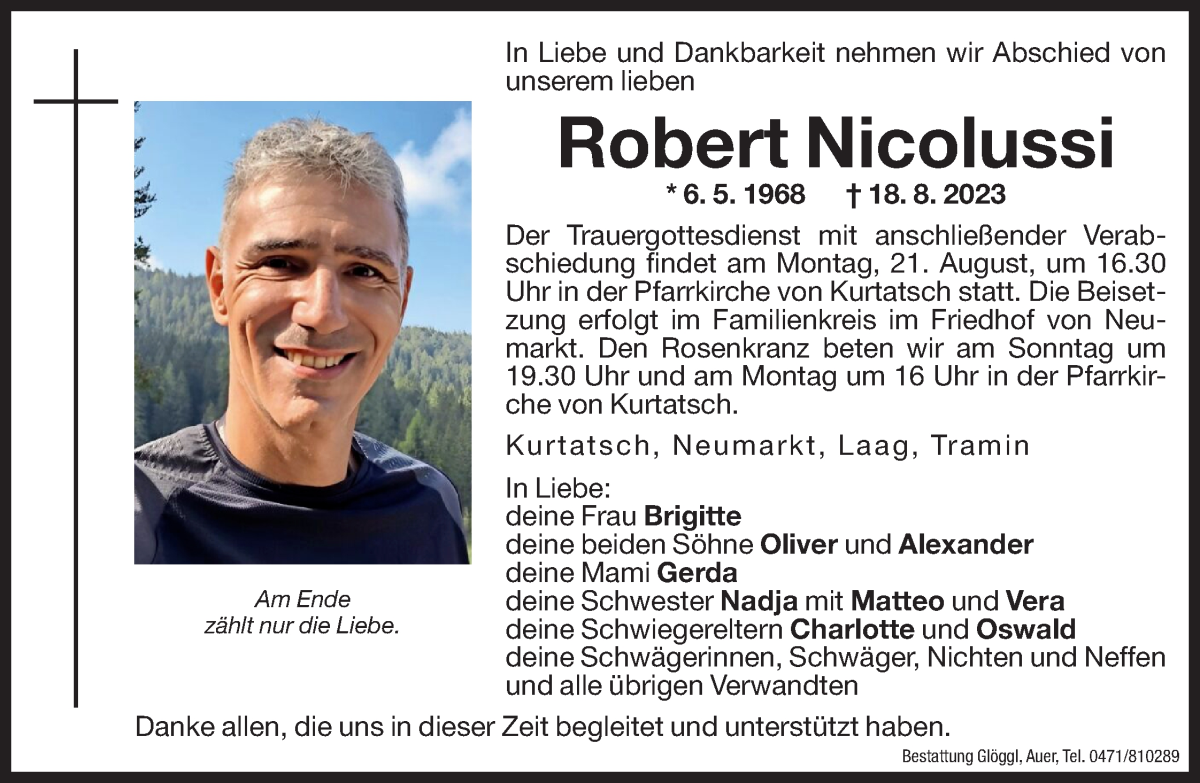  Traueranzeige für Robert Nicolussi vom 19.08.2023 aus Dolomiten