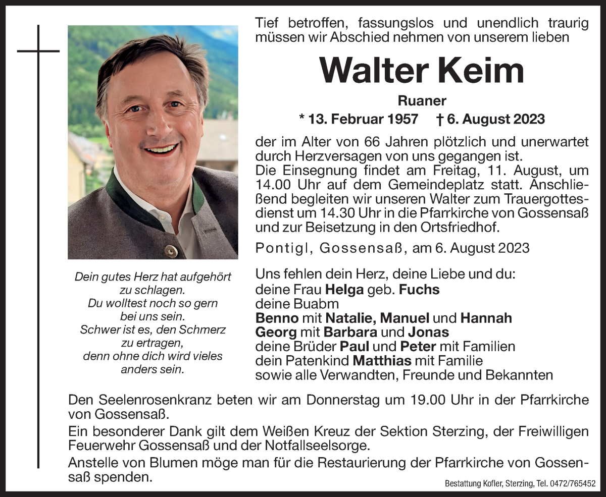  Traueranzeige für Walter Keim vom 10.08.2023 aus Dolomiten