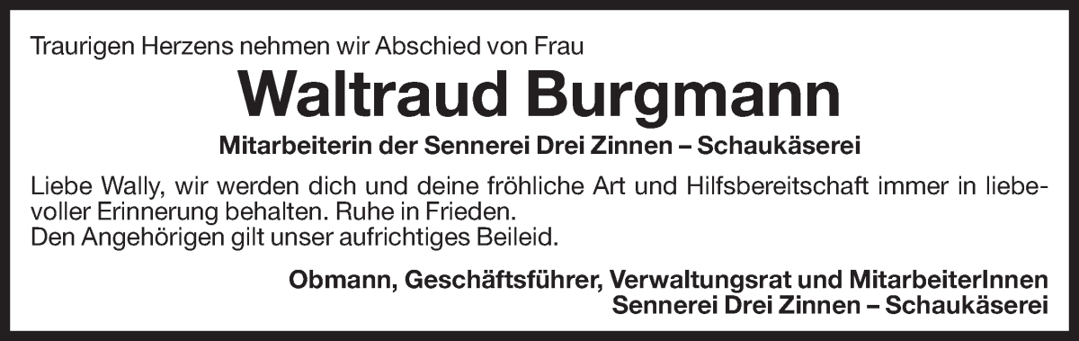  Traueranzeige für Waltraud Burgmann vom 22.08.2023 aus Dolomiten