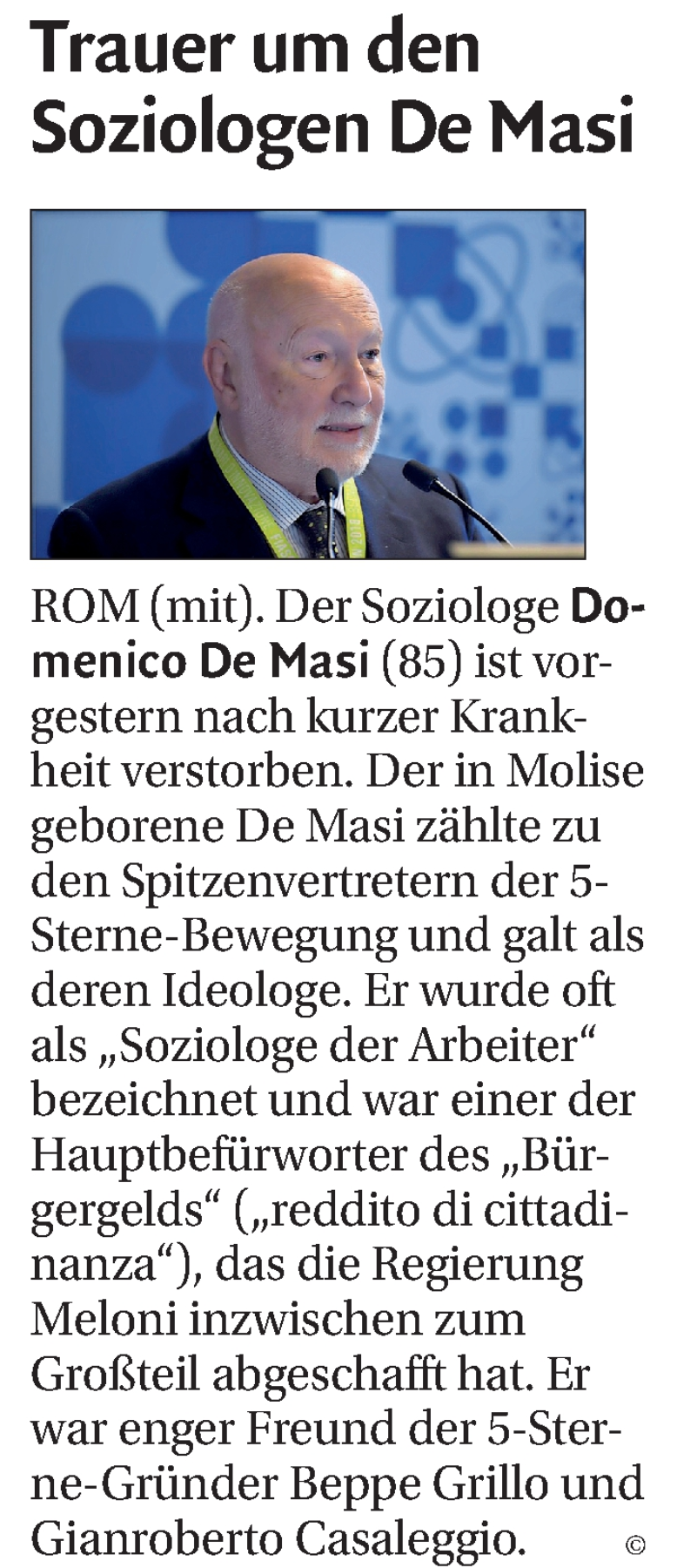  Traueranzeige für Domenico De Masi vom 11.09.2023 aus Dolomiten