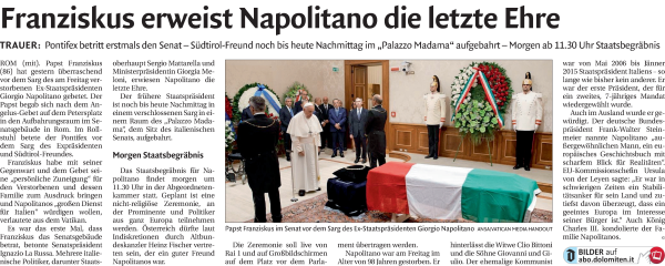 Traueranzeige von Giorgio Napolitano von Dolomiten