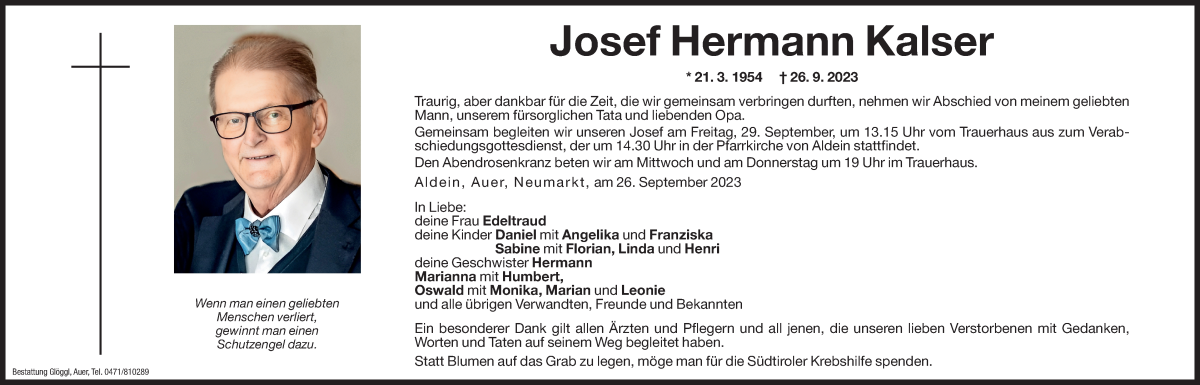  Traueranzeige für Josef Hermann Kalser vom 27.09.2023 aus Dolomiten