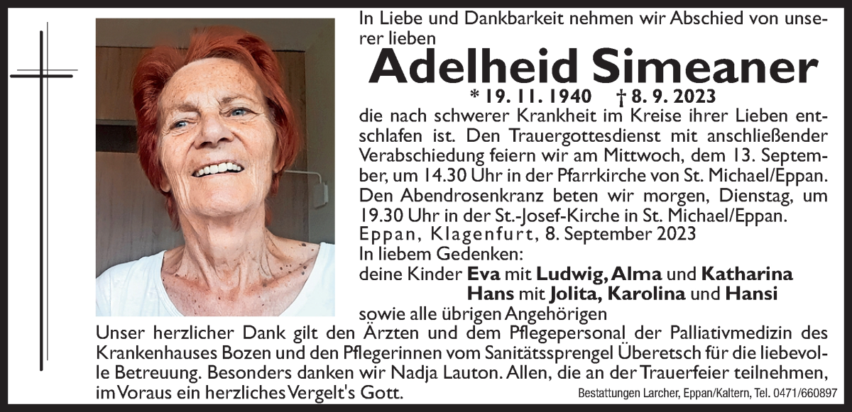  Traueranzeige für Adelheid Simeaner vom 11.09.2023 aus Dolomiten