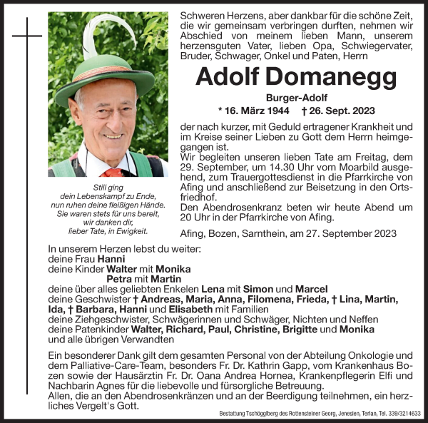 Traueranzeige von Adolf Domanegg von Dolomiten