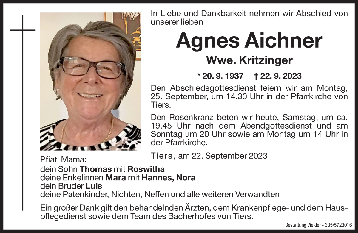  Traueranzeige für Agnes Kritzinger vom 23.09.2023 aus Dolomiten
