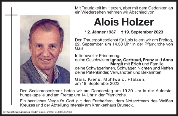 Traueranzeige von Alois Holzer von Dolomiten