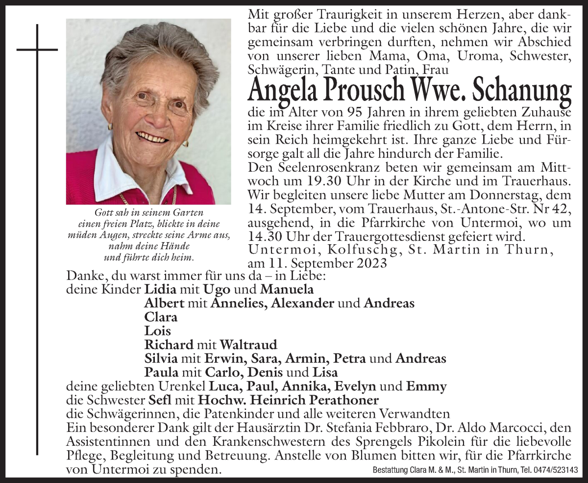 Traueranzeige für Angela Schanung vom 13.09.2023 aus Dolomiten