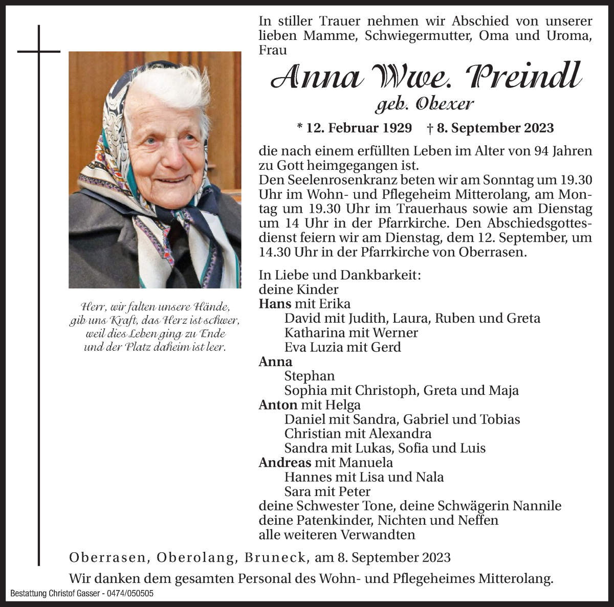  Traueranzeige für Anna Preindl vom 11.09.2023 aus Dolomiten
