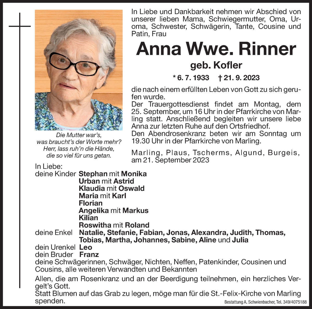  Traueranzeige für Anna Rinner vom 22.09.2023 aus Dolomiten