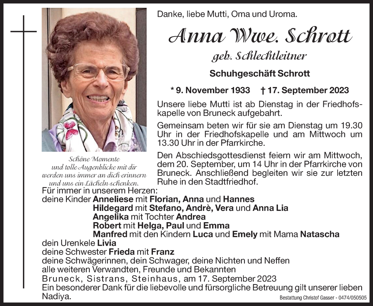  Traueranzeige für Anna Schrott vom 19.09.2023 aus Dolomiten