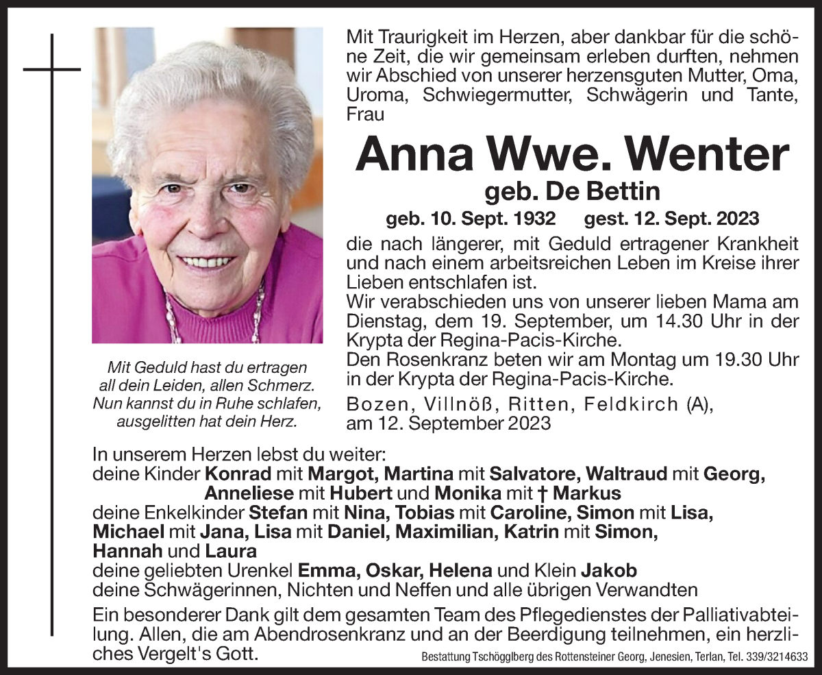  Traueranzeige für Anna Wenter vom 16.09.2023 aus Dolomiten