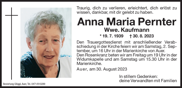 Traueranzeige von Anna Maria Kaufmann von Dolomiten