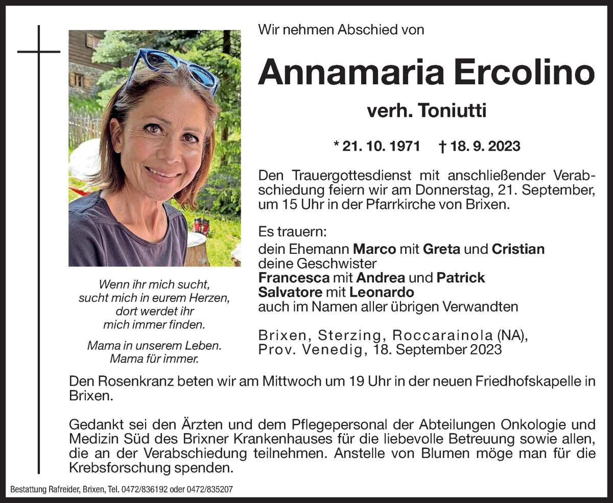  Traueranzeige für Annamaria Toniutti vom 19.09.2023 aus Dolomiten