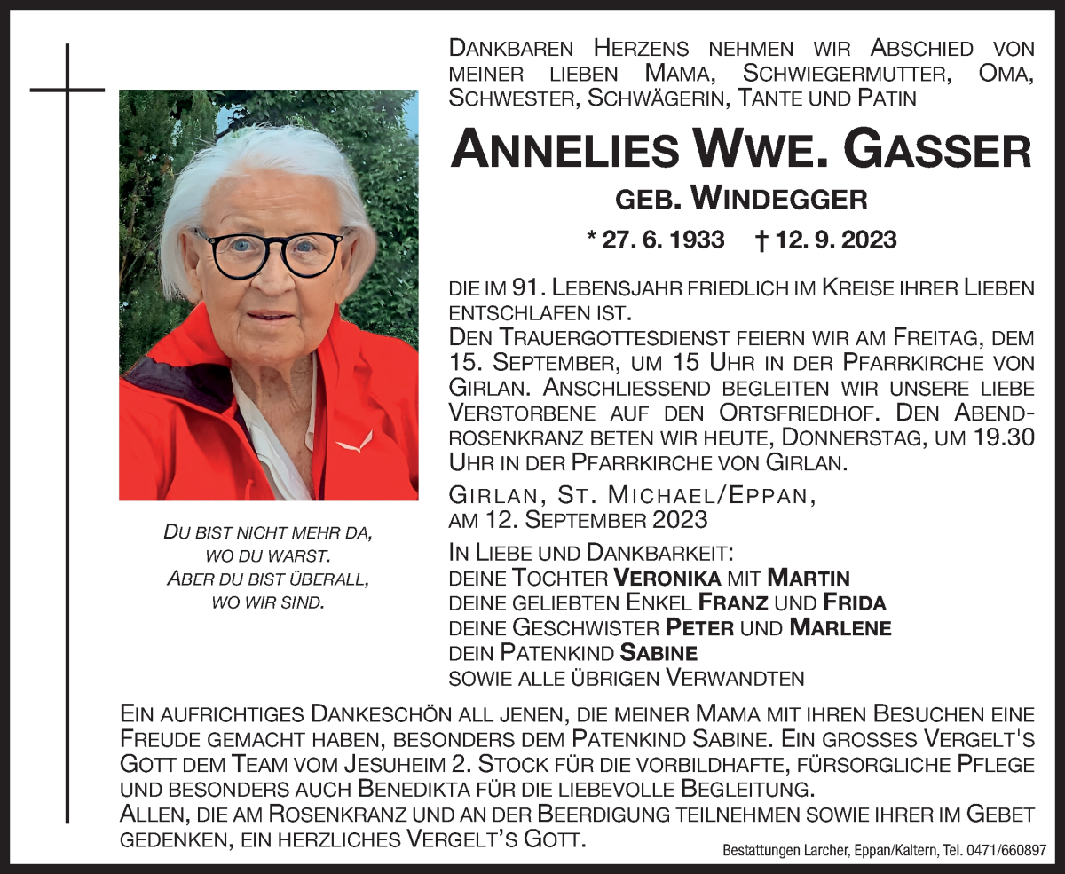  Traueranzeige für Annelies Gasser vom 14.09.2023 aus Dolomiten