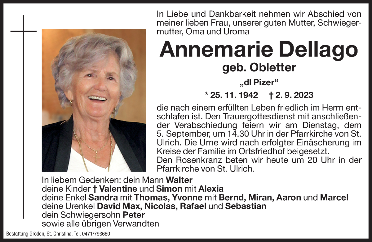  Traueranzeige für Annemarie Dellago vom 04.09.2023 aus Dolomiten