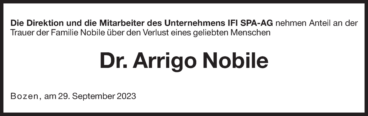  Traueranzeige für Arrigo Nobile vom 30.09.2023 aus Dolomiten