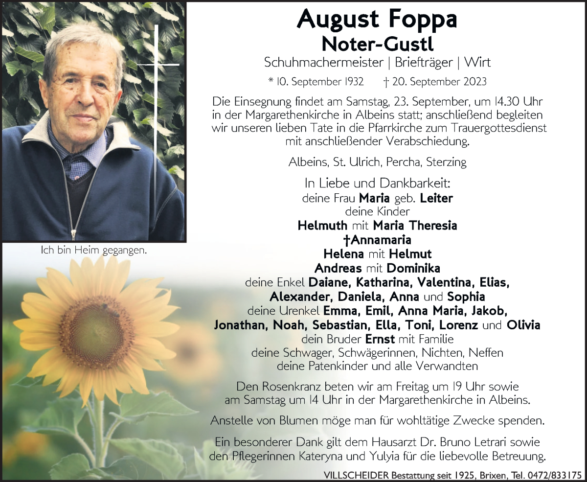  Traueranzeige für August Foppa vom 22.09.2023 aus Dolomiten
