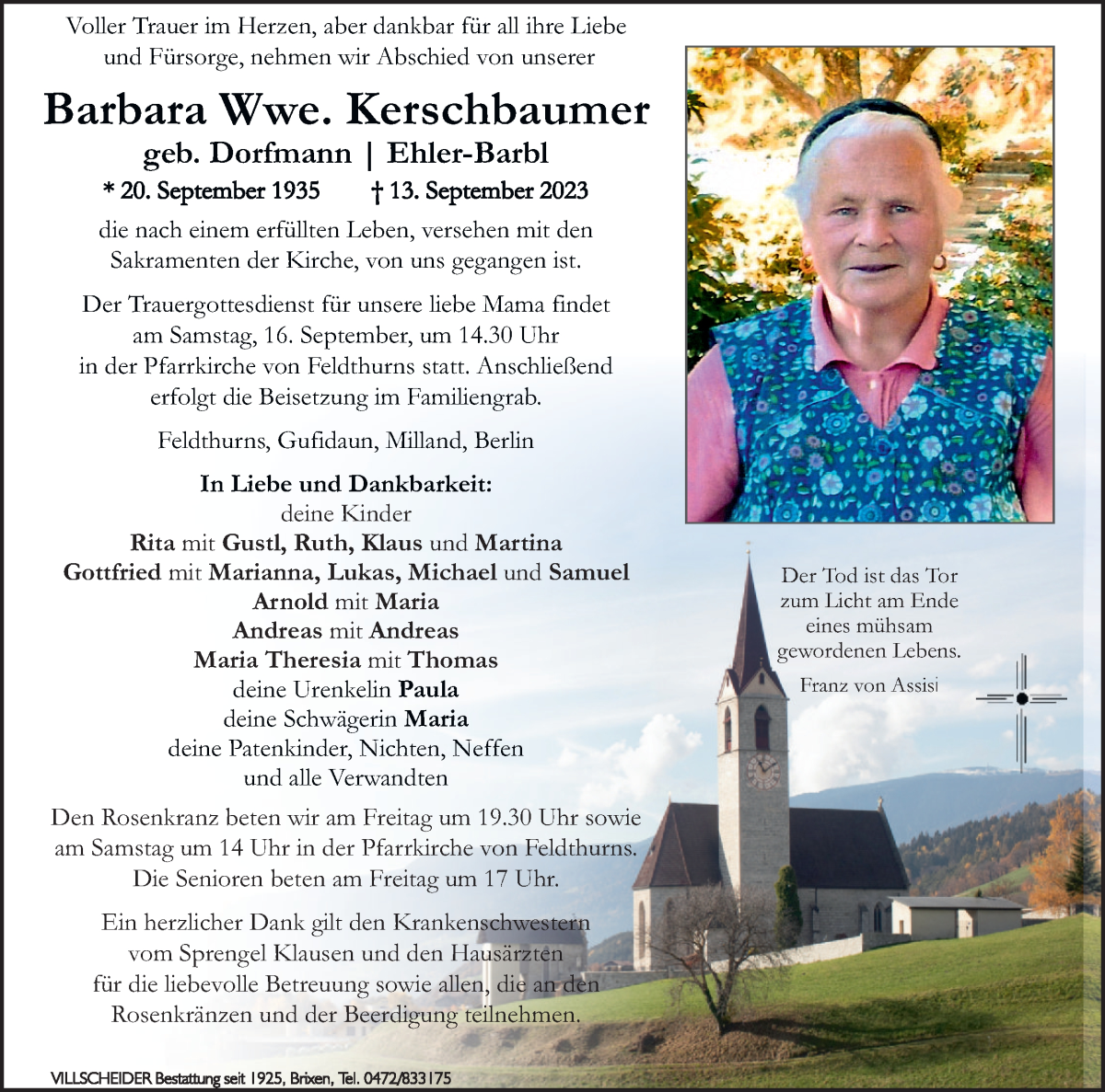  Traueranzeige für Barbara Kerschbaumer vom 15.09.2023 aus Dolomiten