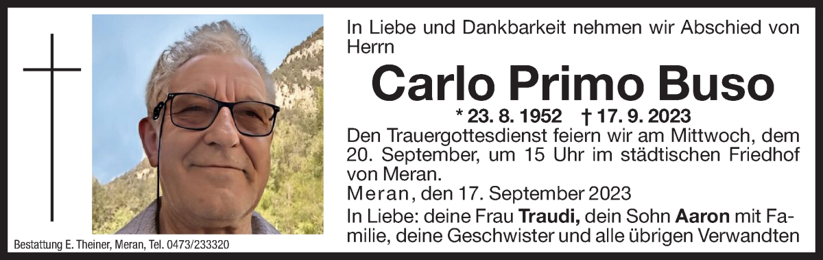  Traueranzeige für Carlo Buso vom 19.09.2023 aus Dolomiten