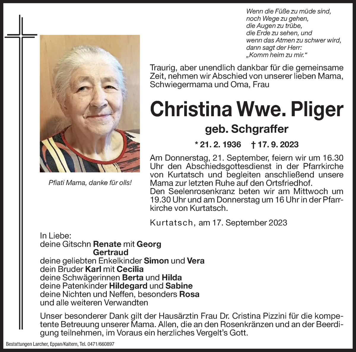  Traueranzeige für Christina Pliger vom 18.09.2023 aus Dolomiten
