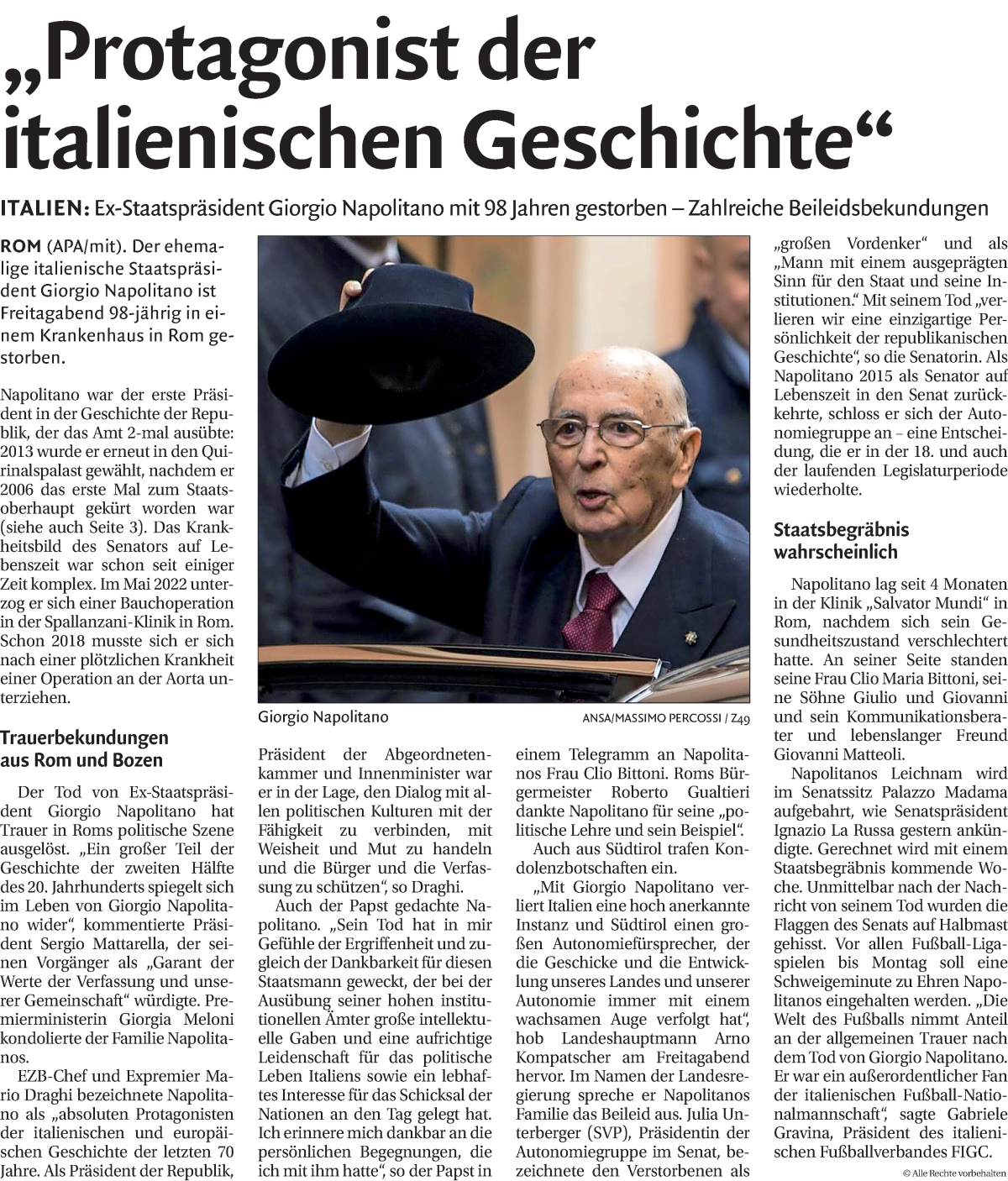  Traueranzeige für Giorgio Napolitano vom 23.09.2023 aus Dolomiten