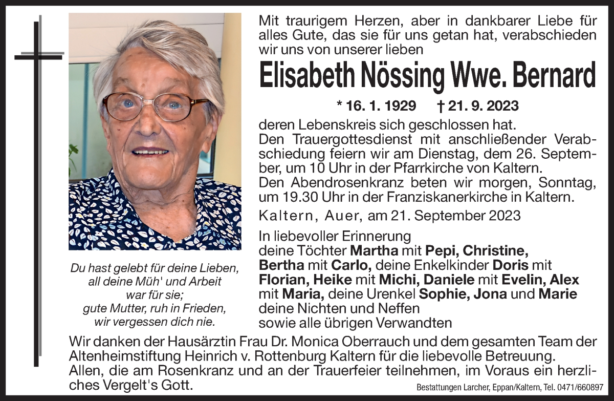  Traueranzeige für Elisabeth Bernard vom 23.09.2023 aus Dolomiten