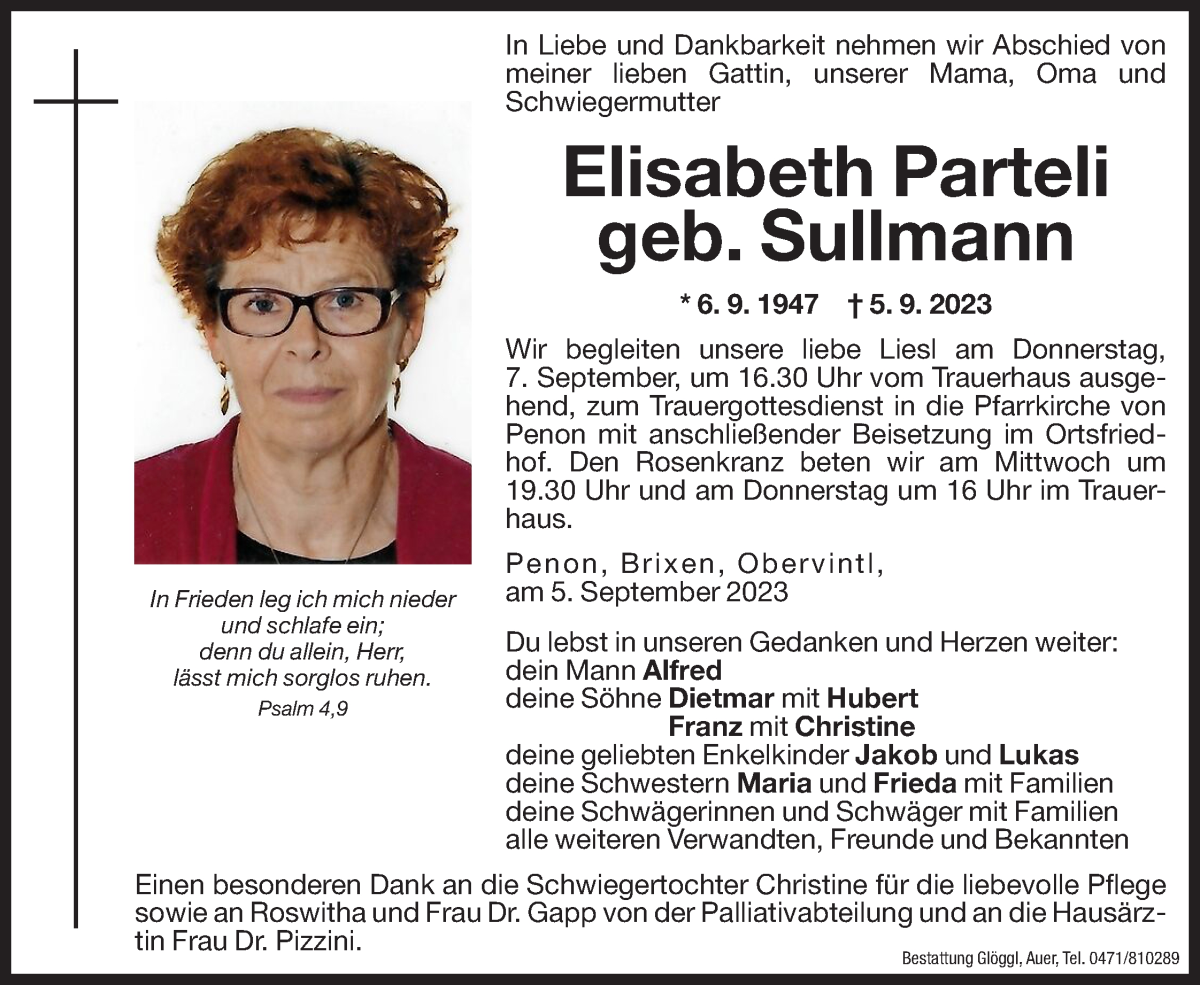  Traueranzeige für Elisabeth Parteli vom 06.09.2023 aus Dolomiten