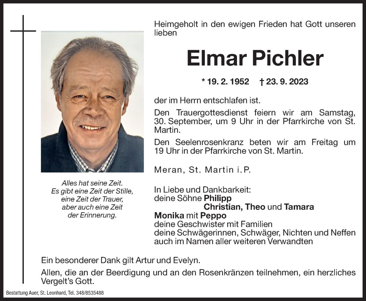  Traueranzeige für Elmar Pichler vom 29.09.2023 aus Dolomiten