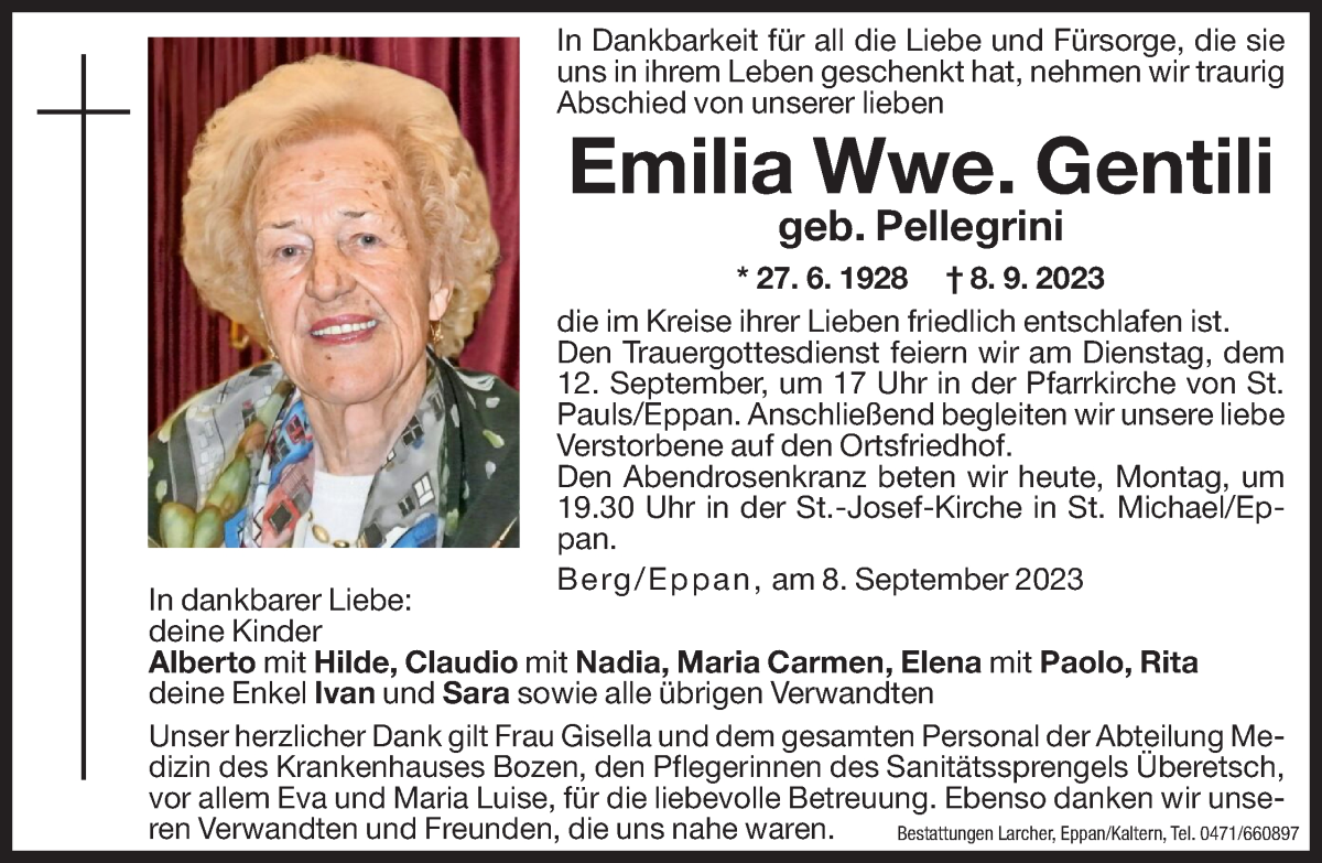  Traueranzeige für Emilia Gentili vom 11.09.2023 aus Dolomiten