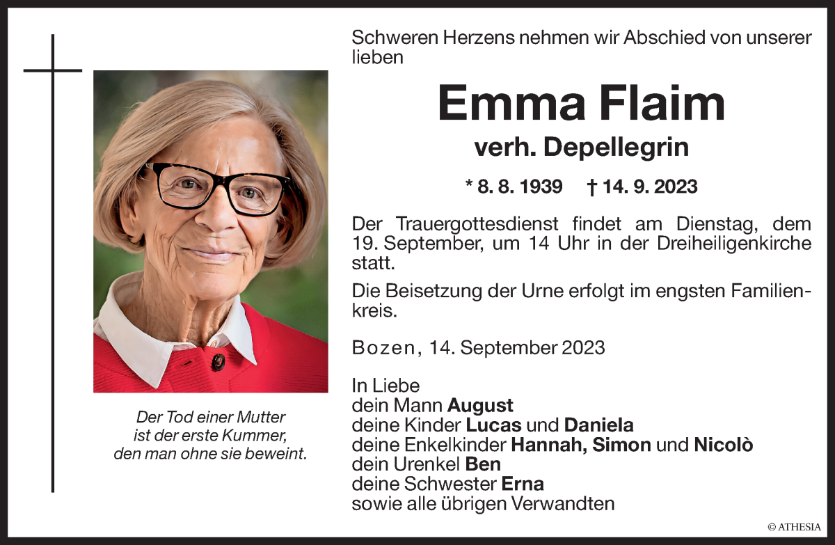  Traueranzeige für Emma Depellegrin vom 16.09.2023 aus Dolomiten