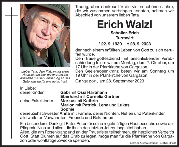 Traueranzeige von Erich Walzl von Dolomiten