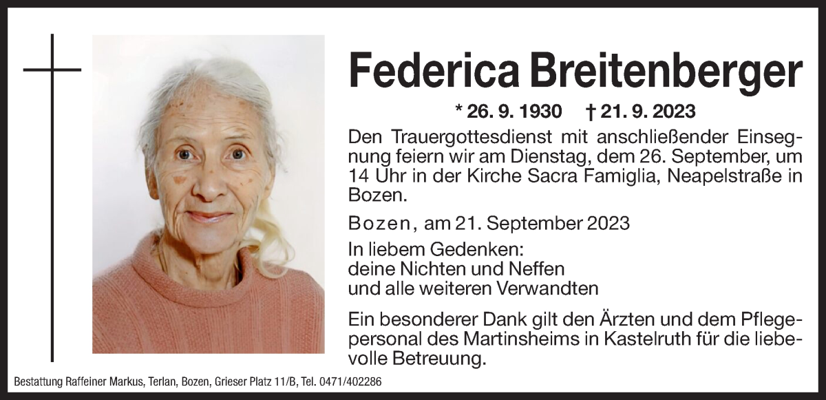 Traueranzeige für Federica Breitenberger vom 23.09.2023 aus Dolomiten
