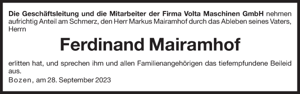 Traueranzeige von Ferdinand Mairamhof von Dolomiten