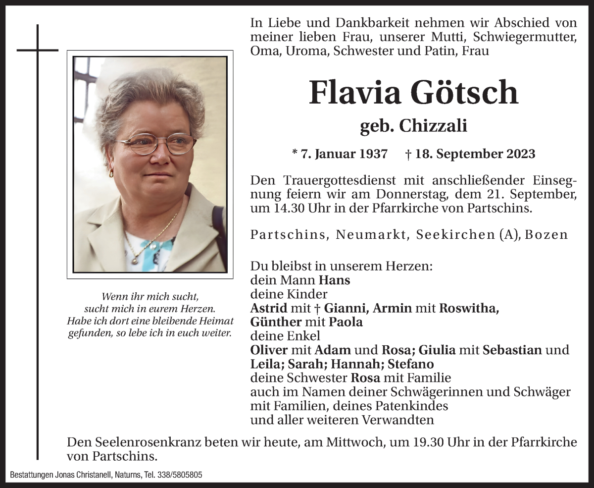  Traueranzeige für Flavia Götsch vom 20.09.2023 aus Dolomiten