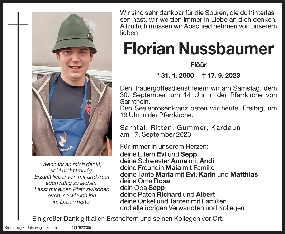  Traueranzeige für Florian Nussbaumer vom 29.09.2023 aus Dolomiten