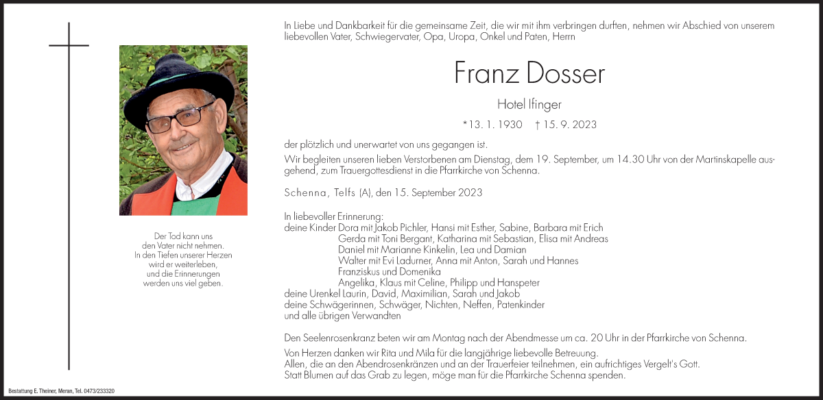  Traueranzeige für Franz Dosser vom 18.09.2023 aus Dolomiten