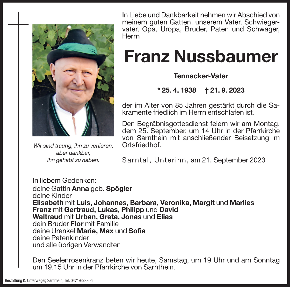  Traueranzeige für Franz Nussbaumer vom 23.09.2023 aus Dolomiten