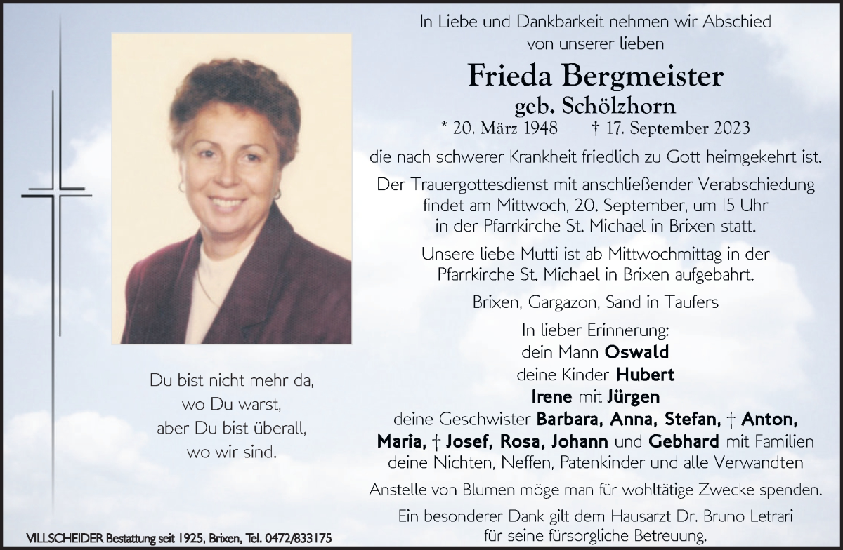  Traueranzeige für Frieda Bergmeister vom 19.09.2023 aus Dolomiten