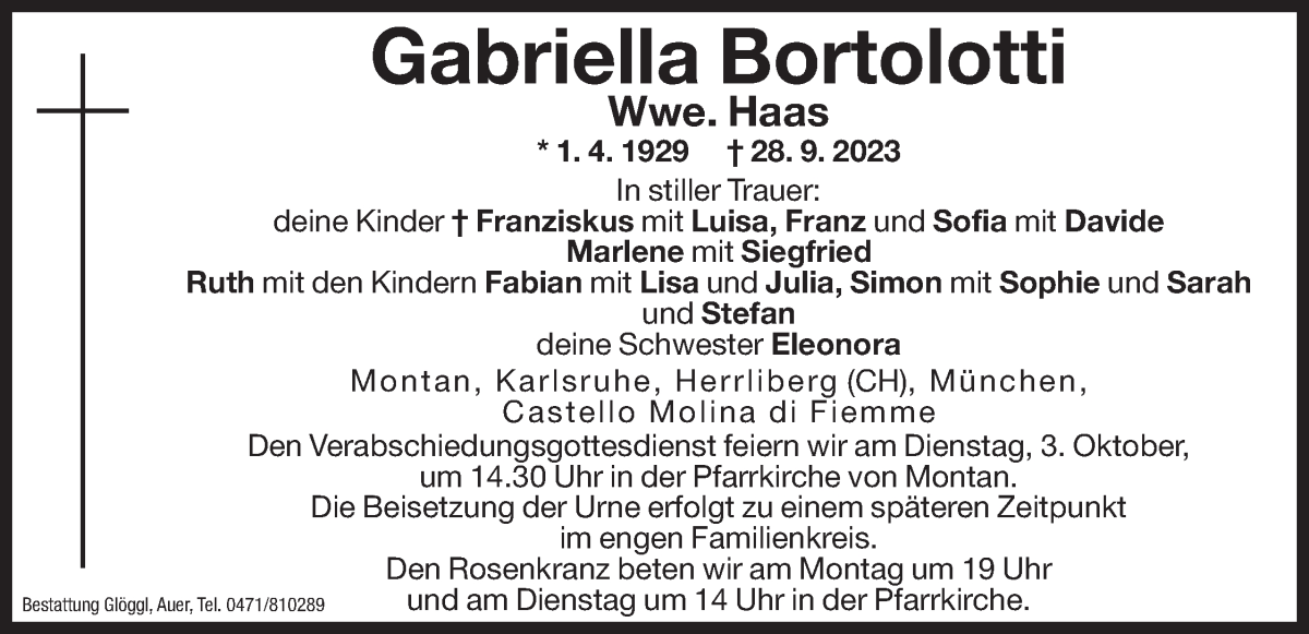  Traueranzeige für Gabriella Haas vom 30.09.2023 aus Dolomiten