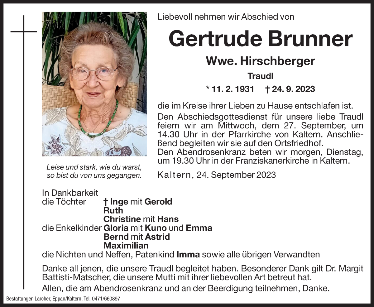  Traueranzeige für Gertrude Hirschberger vom 25.09.2023 aus Dolomiten