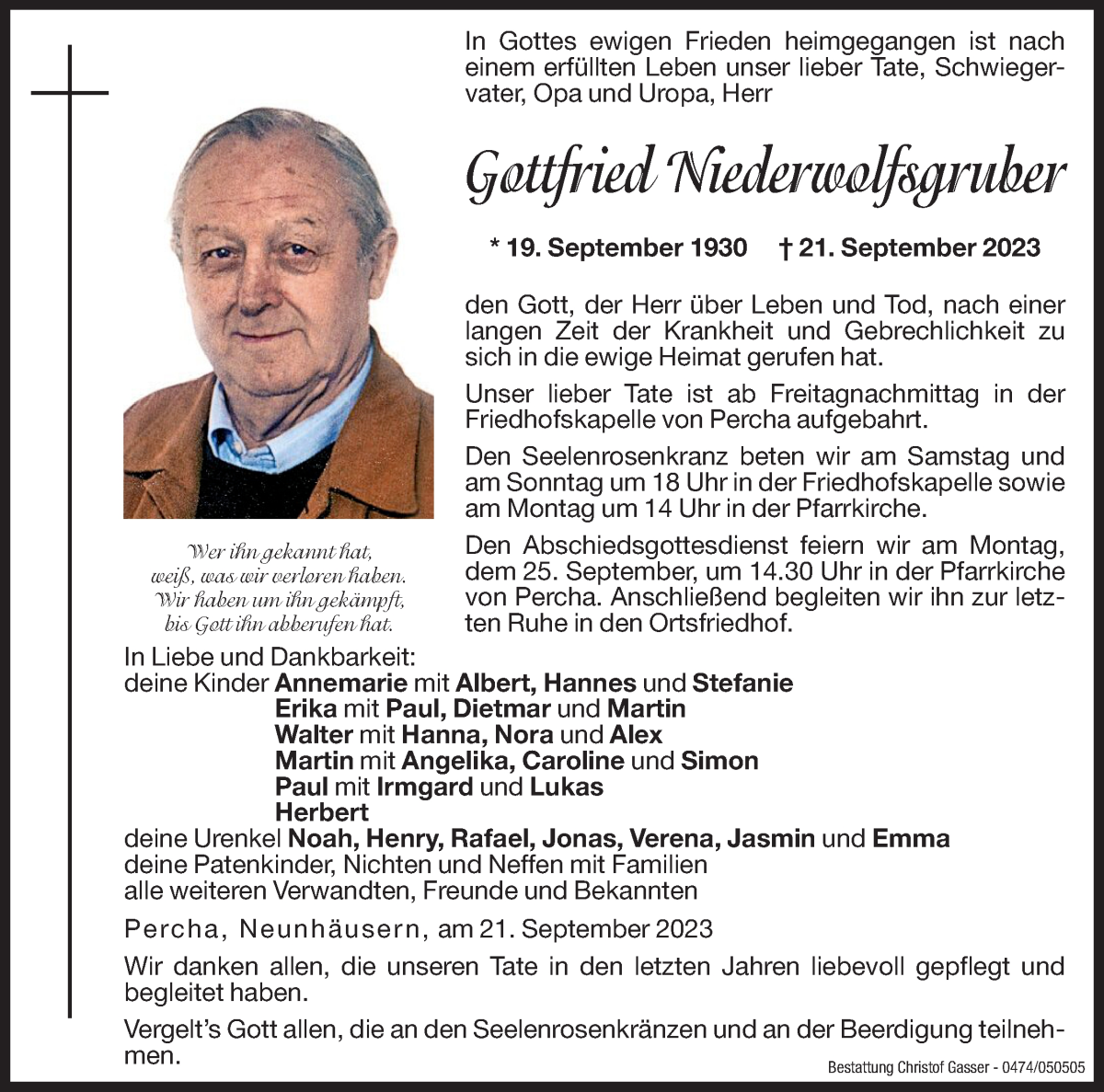  Traueranzeige für Gottfried Niederwolfsgruber vom 22.09.2023 aus Dolomiten
