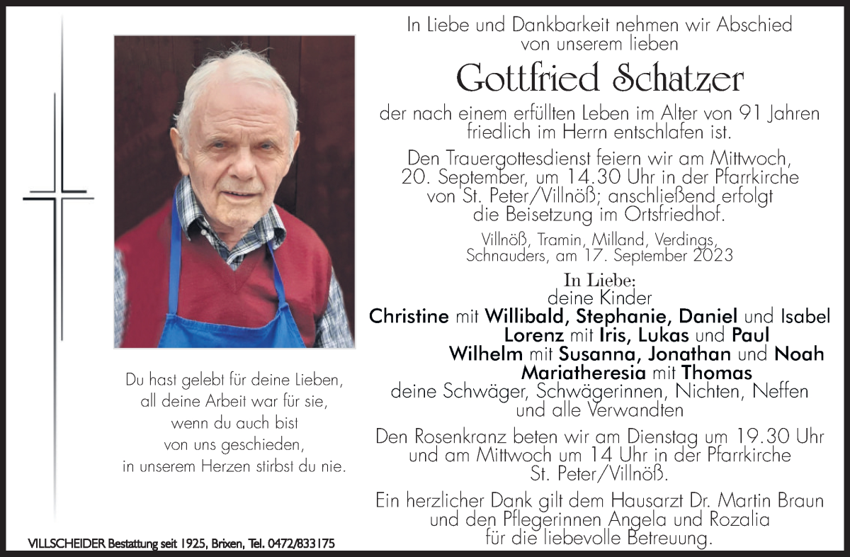  Traueranzeige für Gottfried Schatzer vom 19.09.2023 aus Dolomiten