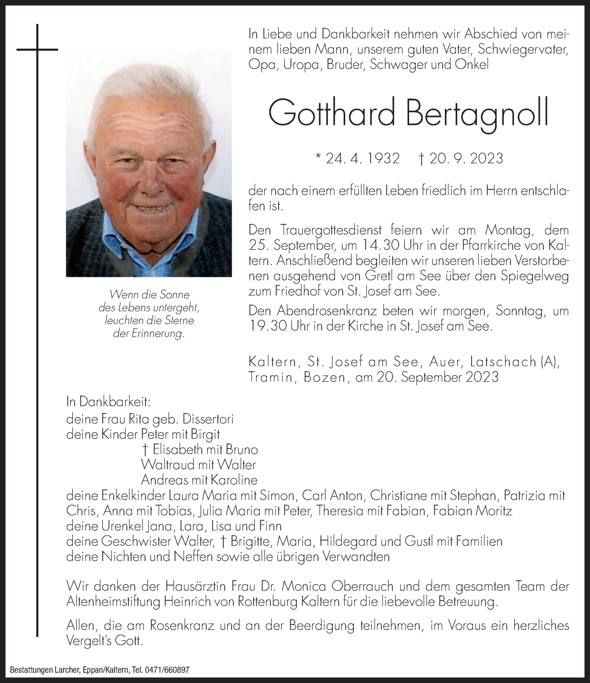  Traueranzeige für Gotthard Bertagnoll vom 23.09.2023 aus Dolomiten