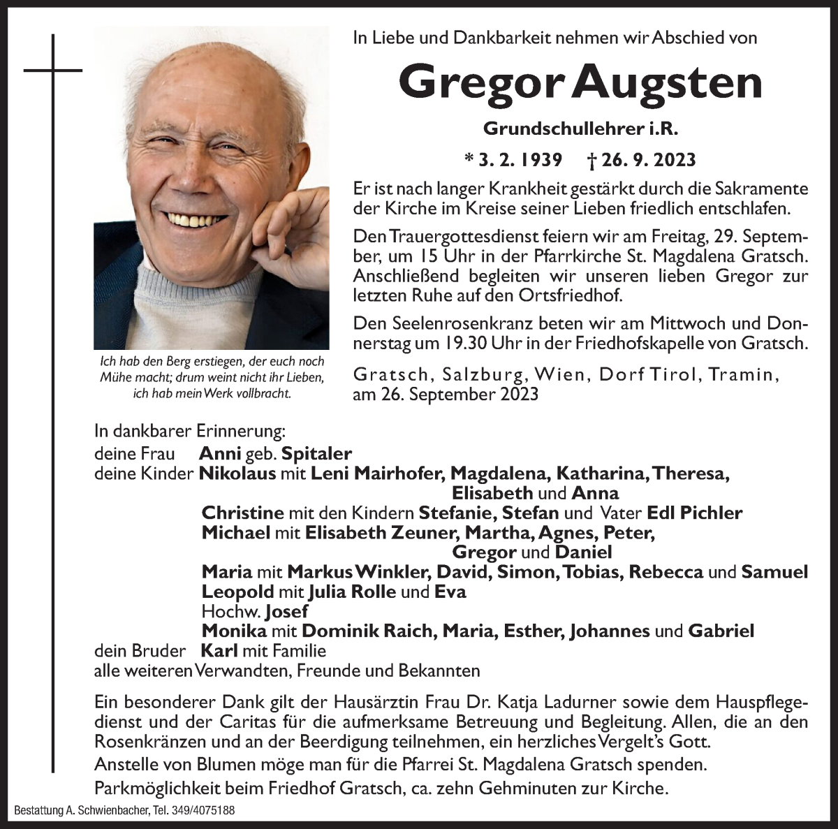  Traueranzeige für Gregor Augsten vom 27.09.2023 aus Dolomiten