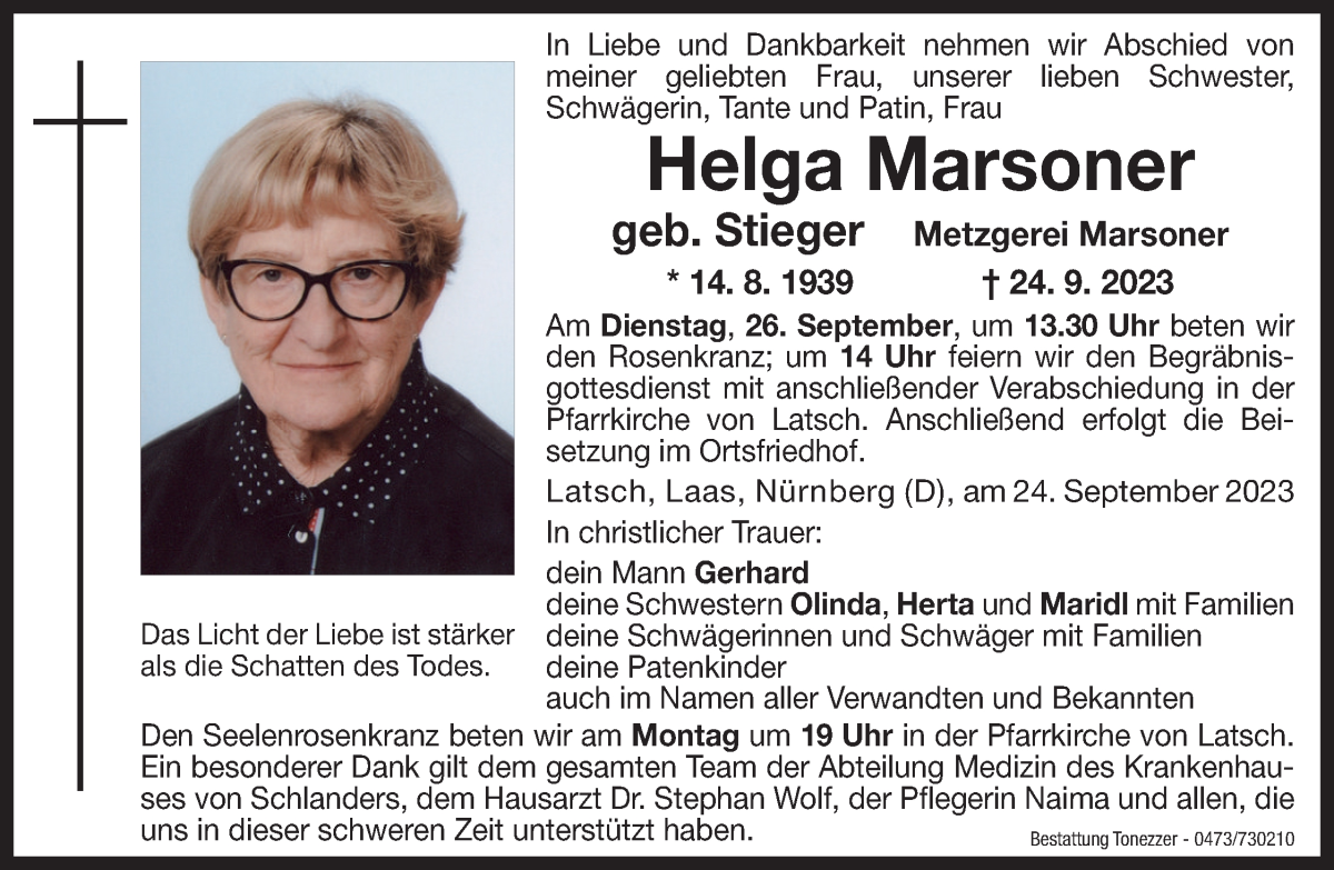  Traueranzeige für Helga Marsoner vom 25.09.2023 aus Dolomiten