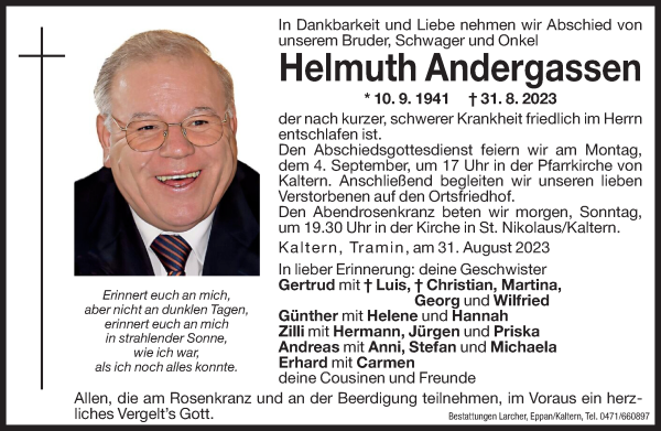 Traueranzeigen Von Helmuth Andergassen Trauerbz