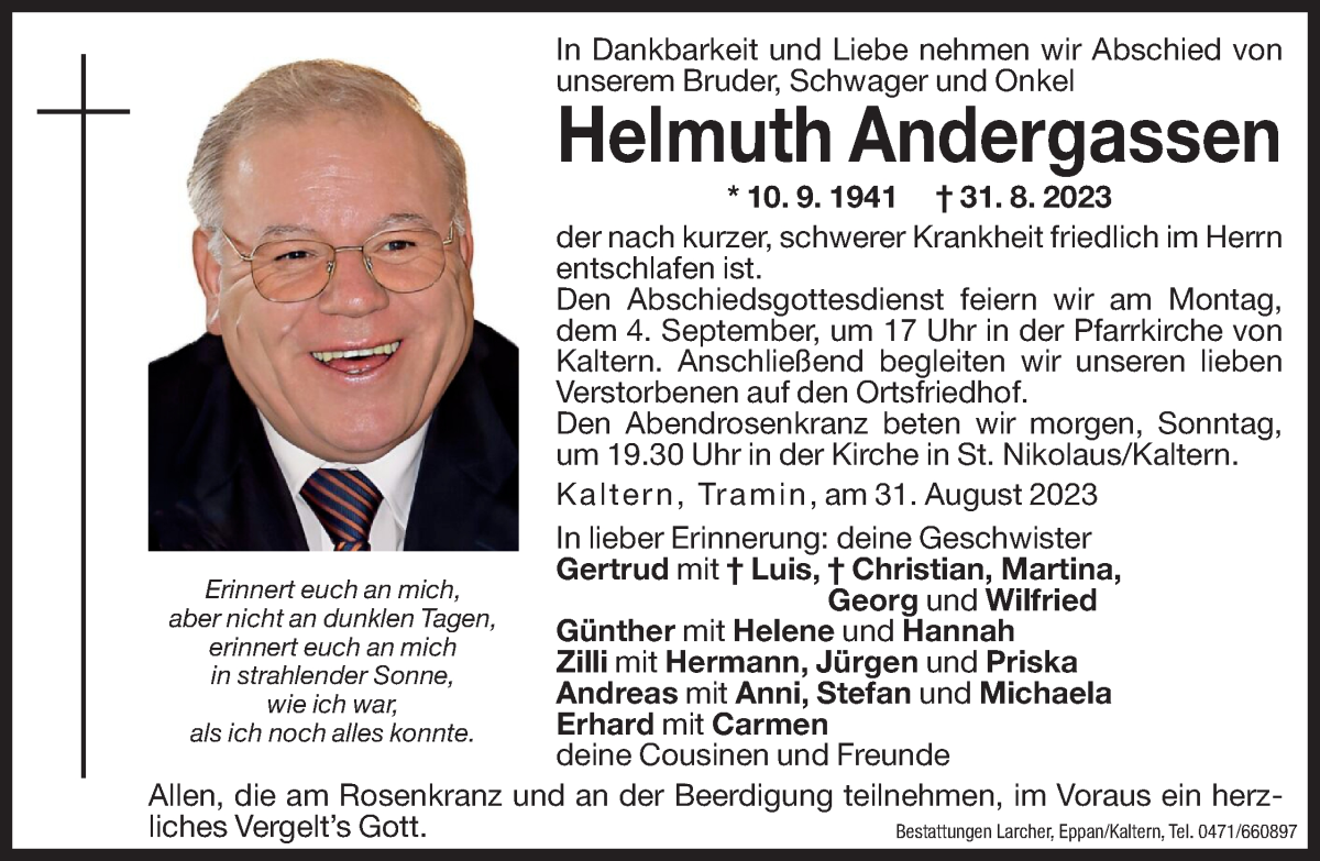 Traueranzeige für Helmuth Andergassen vom 02.09.2023 aus Dolomiten