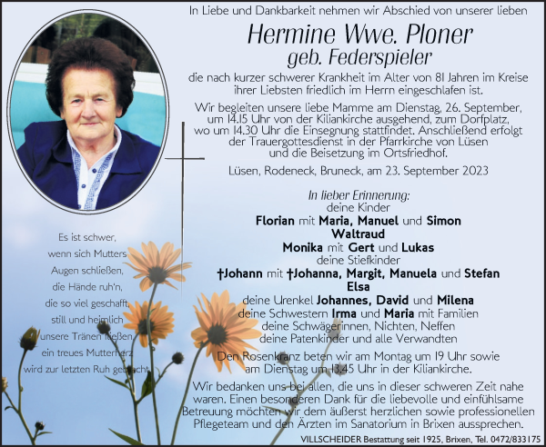 Traueranzeige von Hermine Ploner von Dolomiten