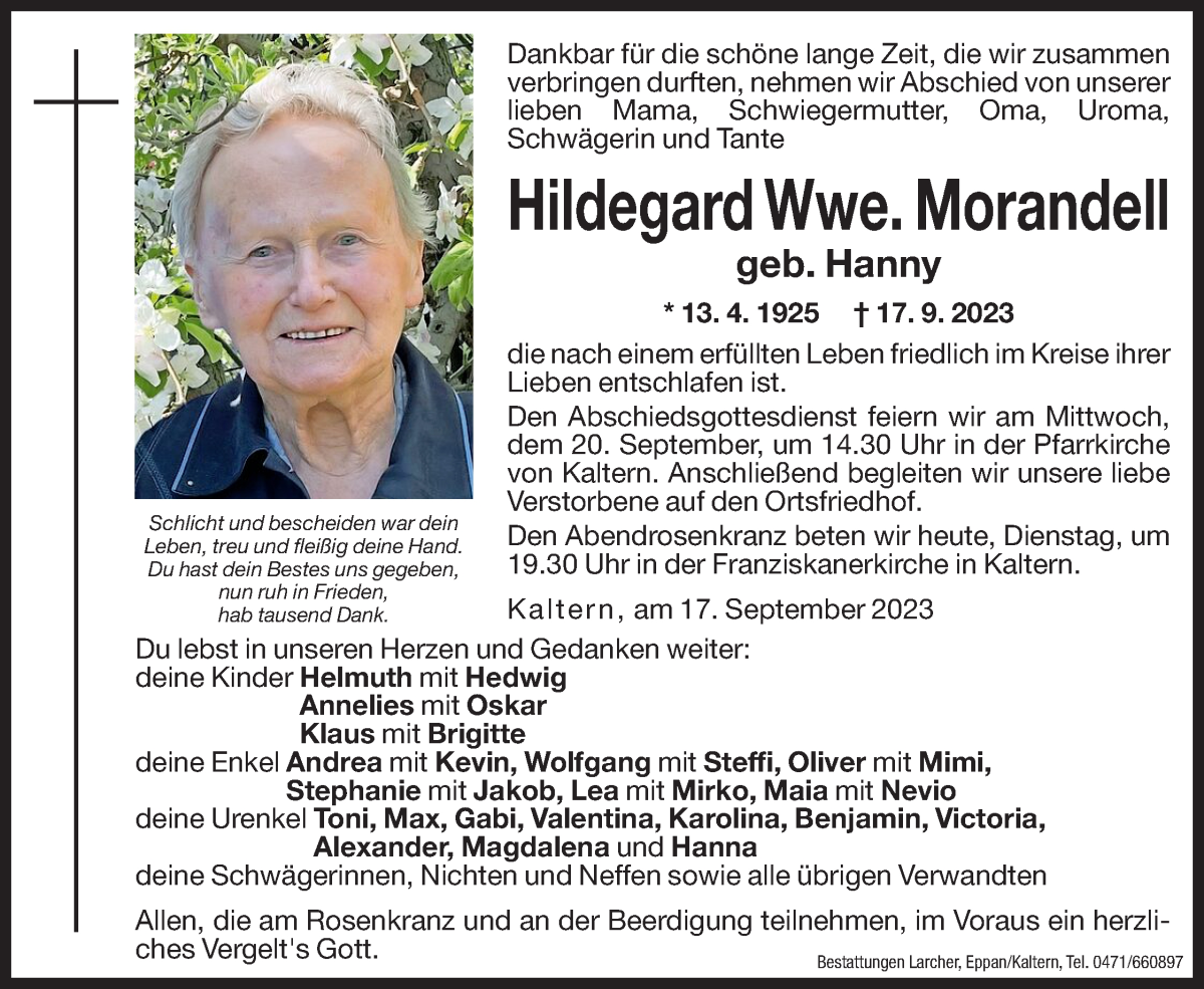  Traueranzeige für Hildegard Morandell vom 19.09.2023 aus Dolomiten