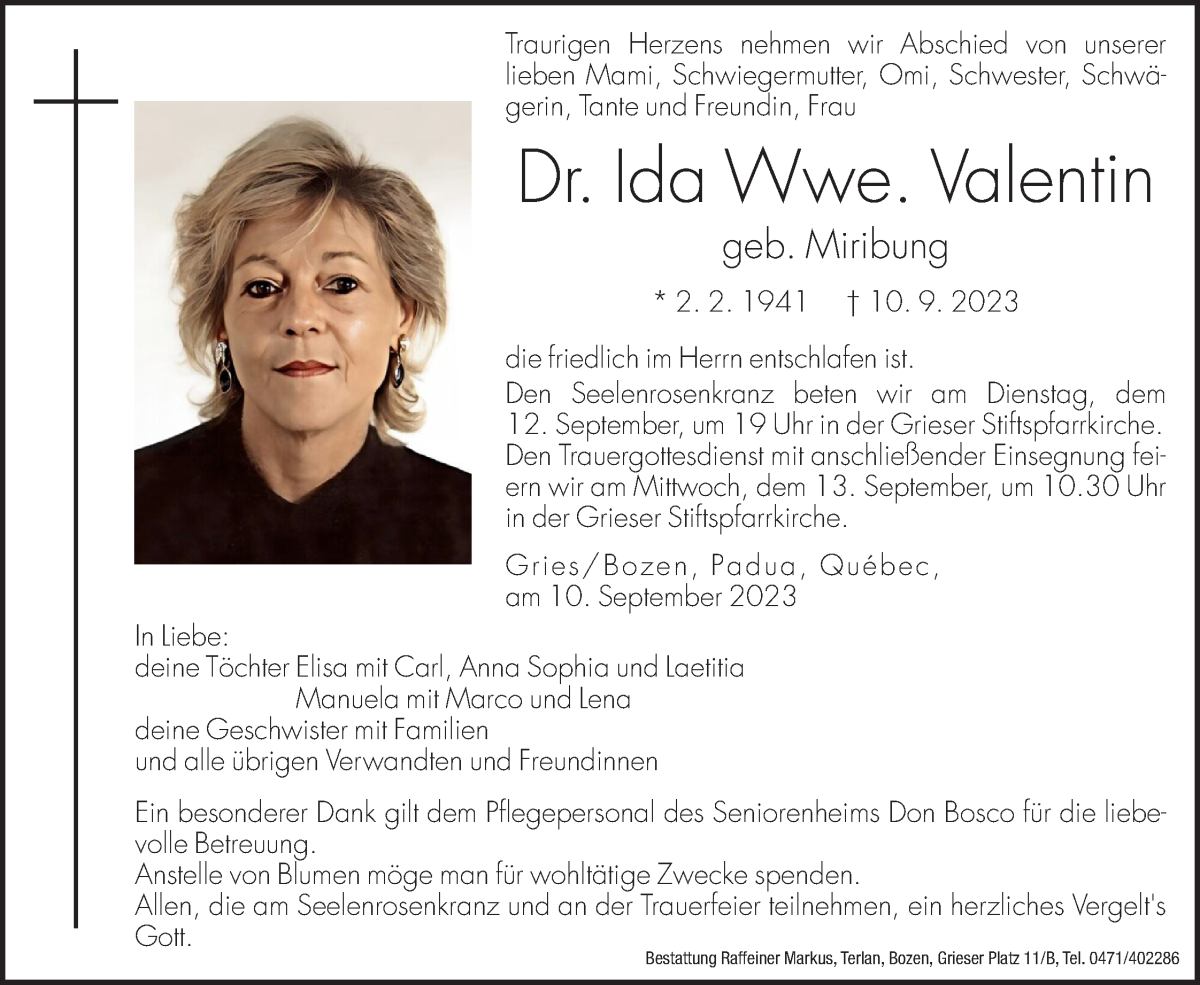  Traueranzeige für Ida Valentin vom 11.09.2023 aus Dolomiten